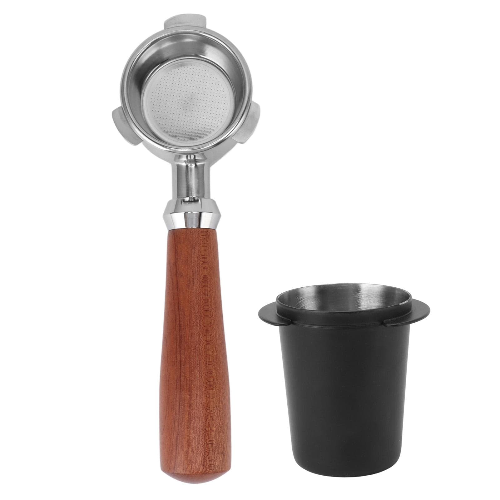 Bottomless Portafilter Stainless Steel Bottomless Naked Portafilter with Powder Catcher Cup Wooden 51mm / 2.01in black