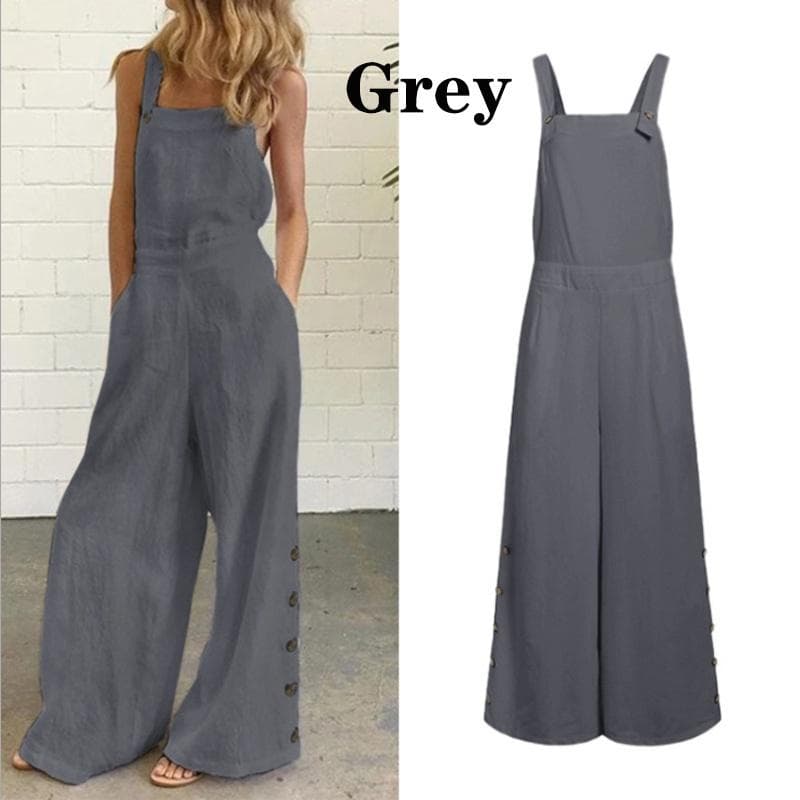 New Women Square Neck Sleeveless Pure Cotton Wide Leg Jumpsuits L grey