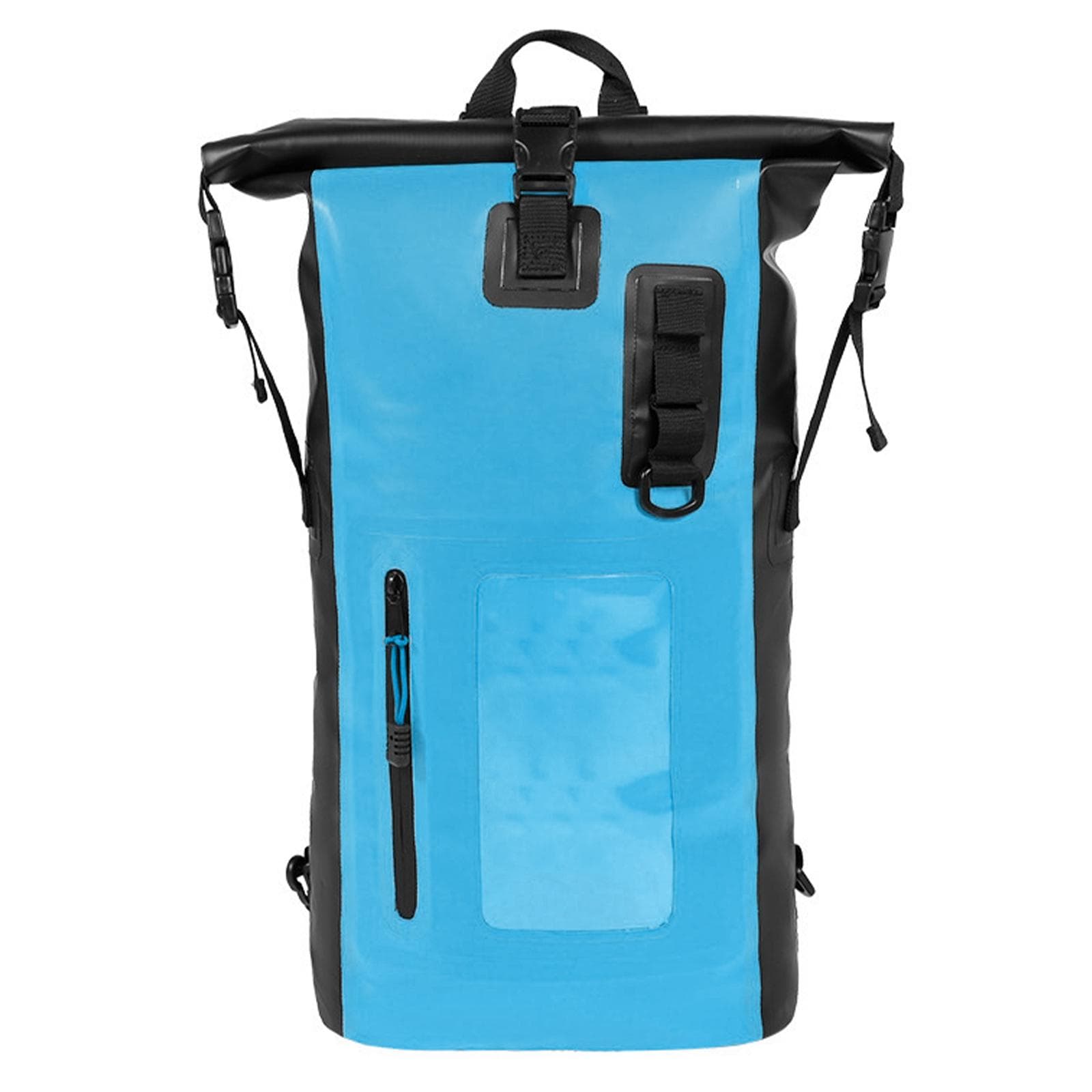 Waterproof Backpack Heavy Duty Roll-Top Closure Swim Bag with Front-Zipper Pocket 30L blue