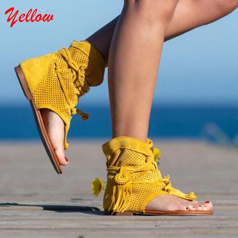 Women's Rome Ladies Clip Toe Vintage Boots Tassel Sandals Gladiator Retro Fashion Summer Casual 41 yellow