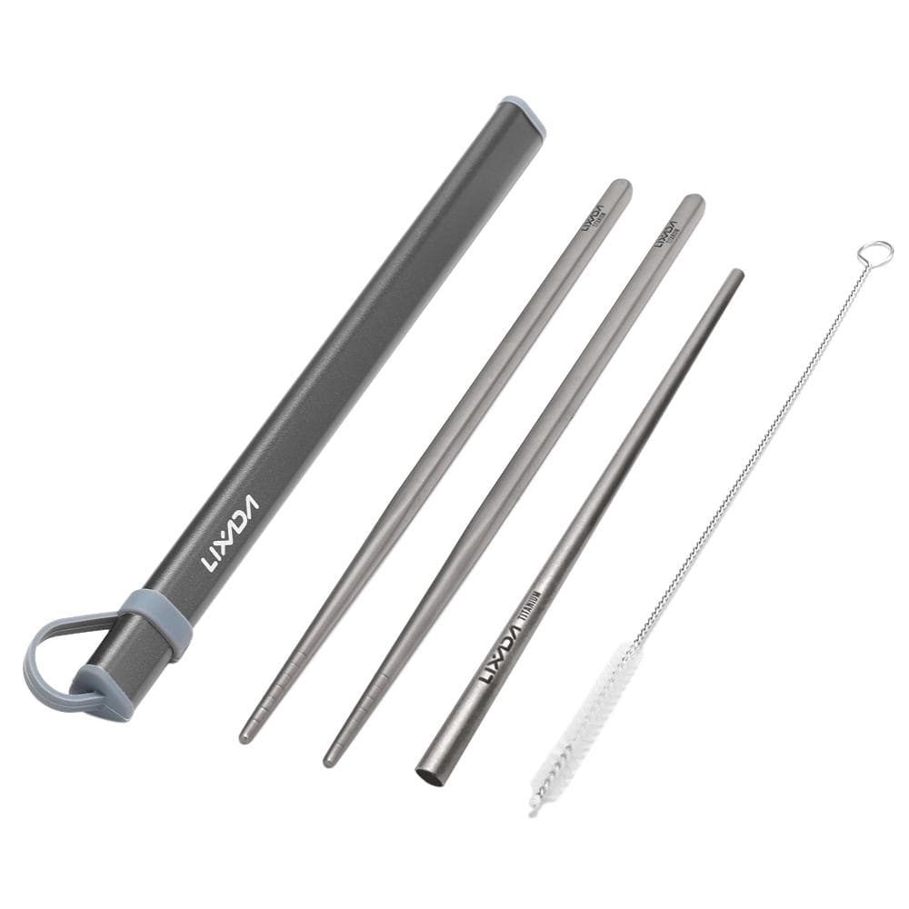 Lixada Camping Cutlery Set Titanium Chopsticks Drinking Straw Cleaning Brush Outdoor Hiking Backpacking Traveling BBQ grey