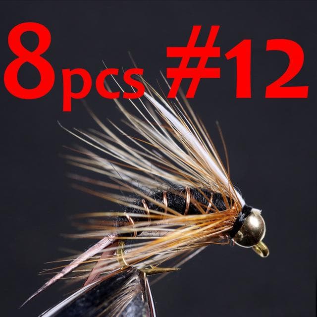 Wifreo 8PCS Size 12 14 Brass Bead Head Prince Nymph Stonefly Nymph Caddis Fly Black Purple Brown White Color Fishing Lure Bait #12 black
