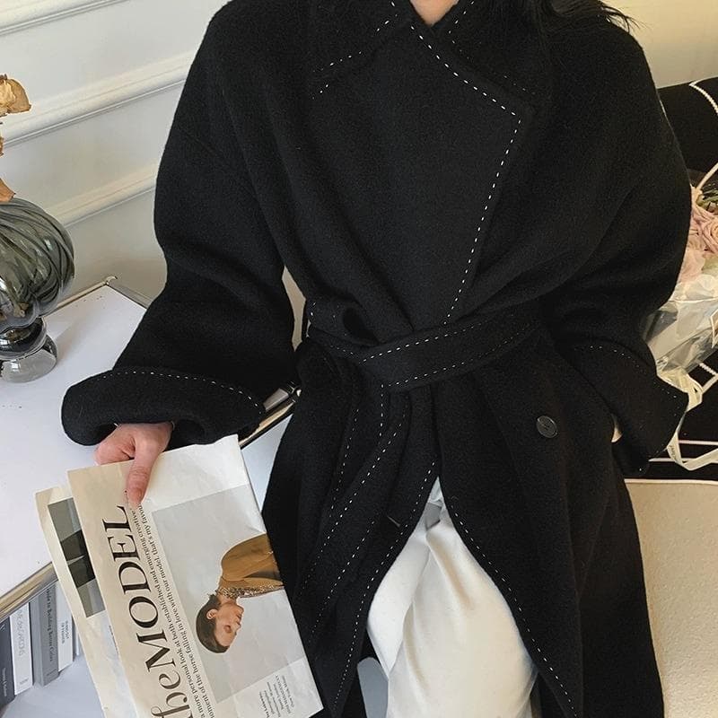 New Autumn and Winter Lace-up Slim Double-sided Cashmere Coat for Women with Fashionable Temperament and Lengthened Woolen Coat M black