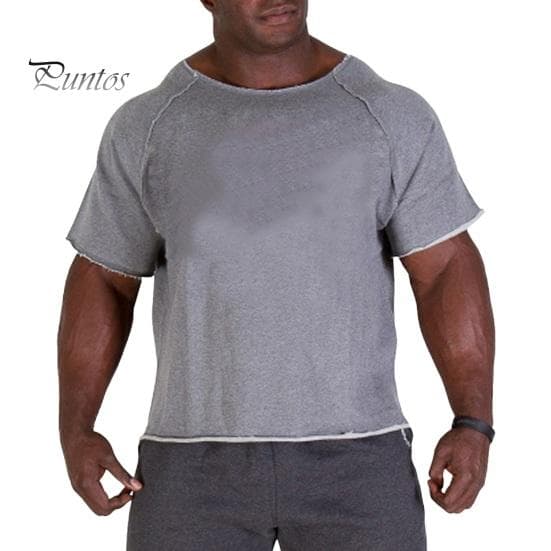 Summer Men Gym T-shirt Round Neck Short Sleeves Solid Color Pullover Mid Length Sweat Absorption Patchwork Sport Jogging Top 2XL grey