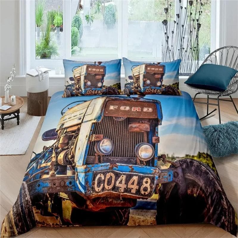 3D Print Retro Tractor King Queen Duvet Cover Comforter Bed Set Quilt Cover Pillowcase,King Queen Twin Size Boys Girls Adults 135X200cm
