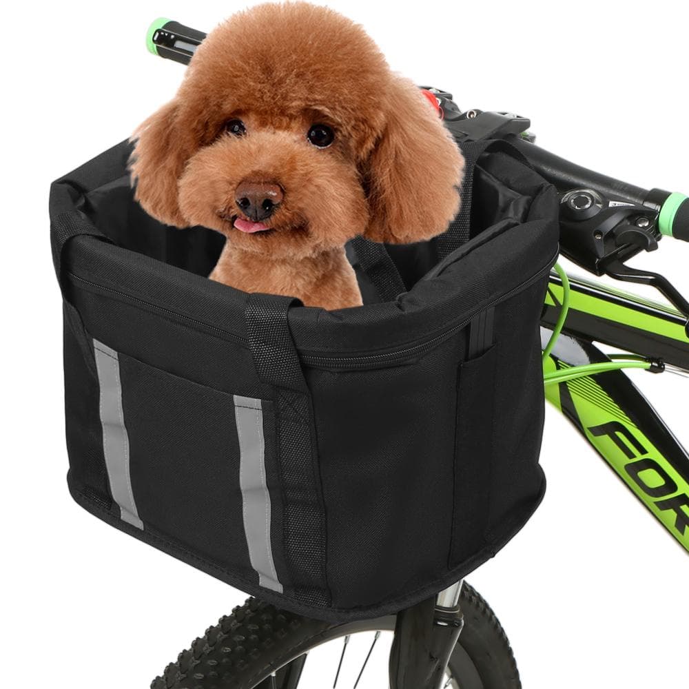 Folding Bike Basket with Reflective Strips Detachable Handlebar Front Basket Pet Cat Dog Carrier black