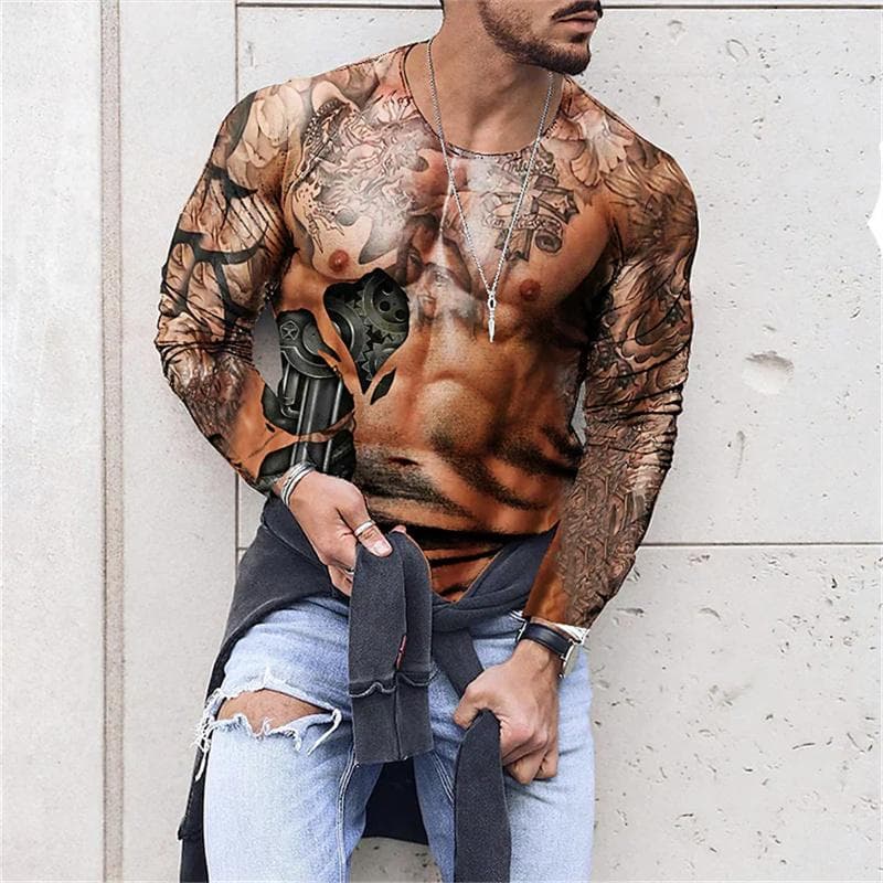 Muscle Tattoo Mens Compression T-shirts Long Sleeve Wolf Dragon Sportswear Rashguard Fitness Gym Tops Tees Streetwear Tshirt 6XL