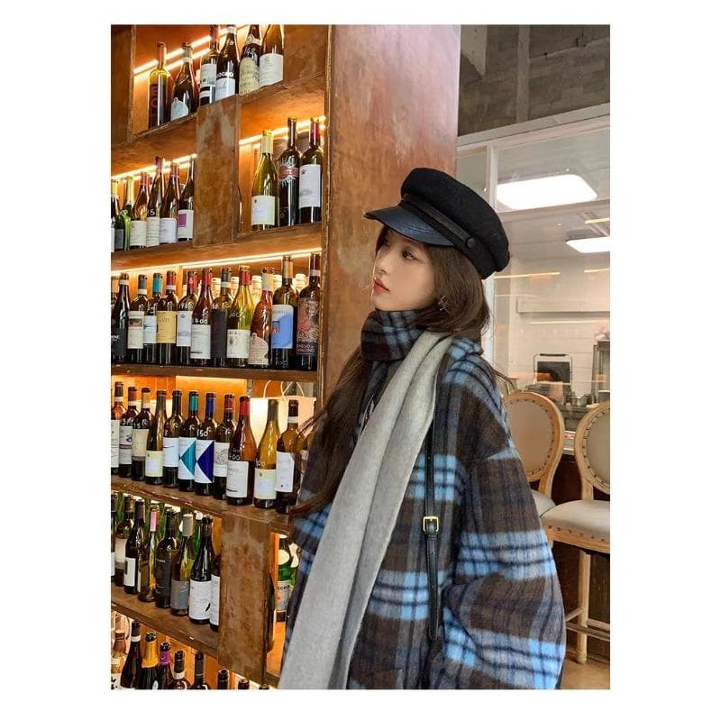 Plaid Reversible Double-sided Wool Coat for Women New Style Detachable Scarf Long Woolen Outer M