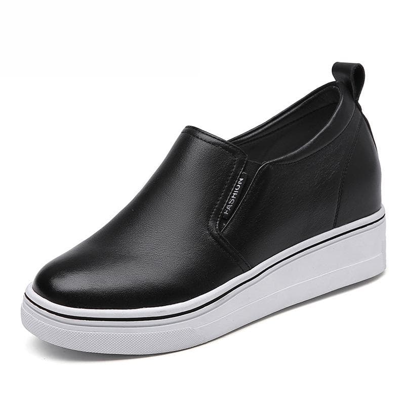 Women's Round Toe Genuine Leather Sweet Women's Casual Shoes Over Feet Loafers Heightening Flat Heel Women's Shoes 40 black