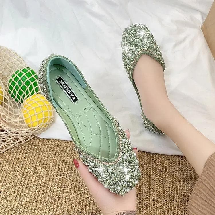 Glitter crystal pearl studs ballet shoes women square toe slip on loafers cozy shallow cut-out ballerina flats moccasins female 40