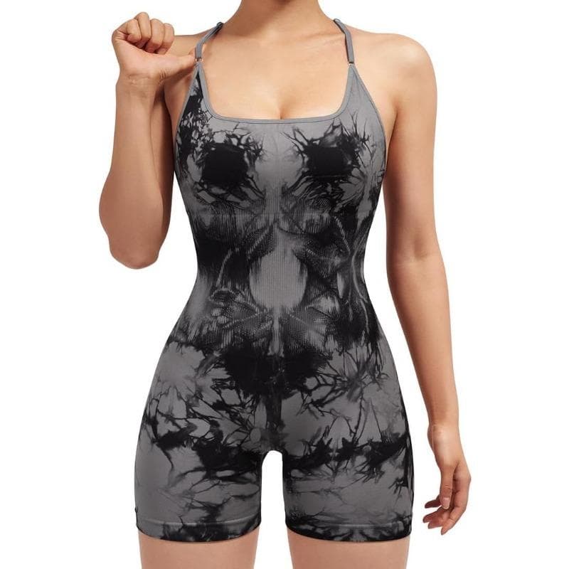 Women Strappy Romper Seamless Jumpsuit Tummy Control Padded Sports Bra Large black/grey