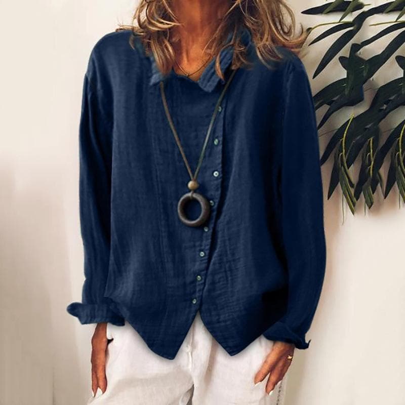 Casual Ladies Breathable Loose Cotton Linen Shirt Autumn Solid Color Temperament Blouses Tops Women S blue
