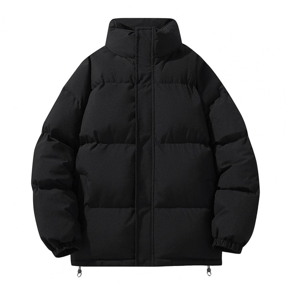 Men Winter Coat Stand Collar Long Sleeve Zipper Closure Solid Color Puffer Outwear with Two Side Pockets M black