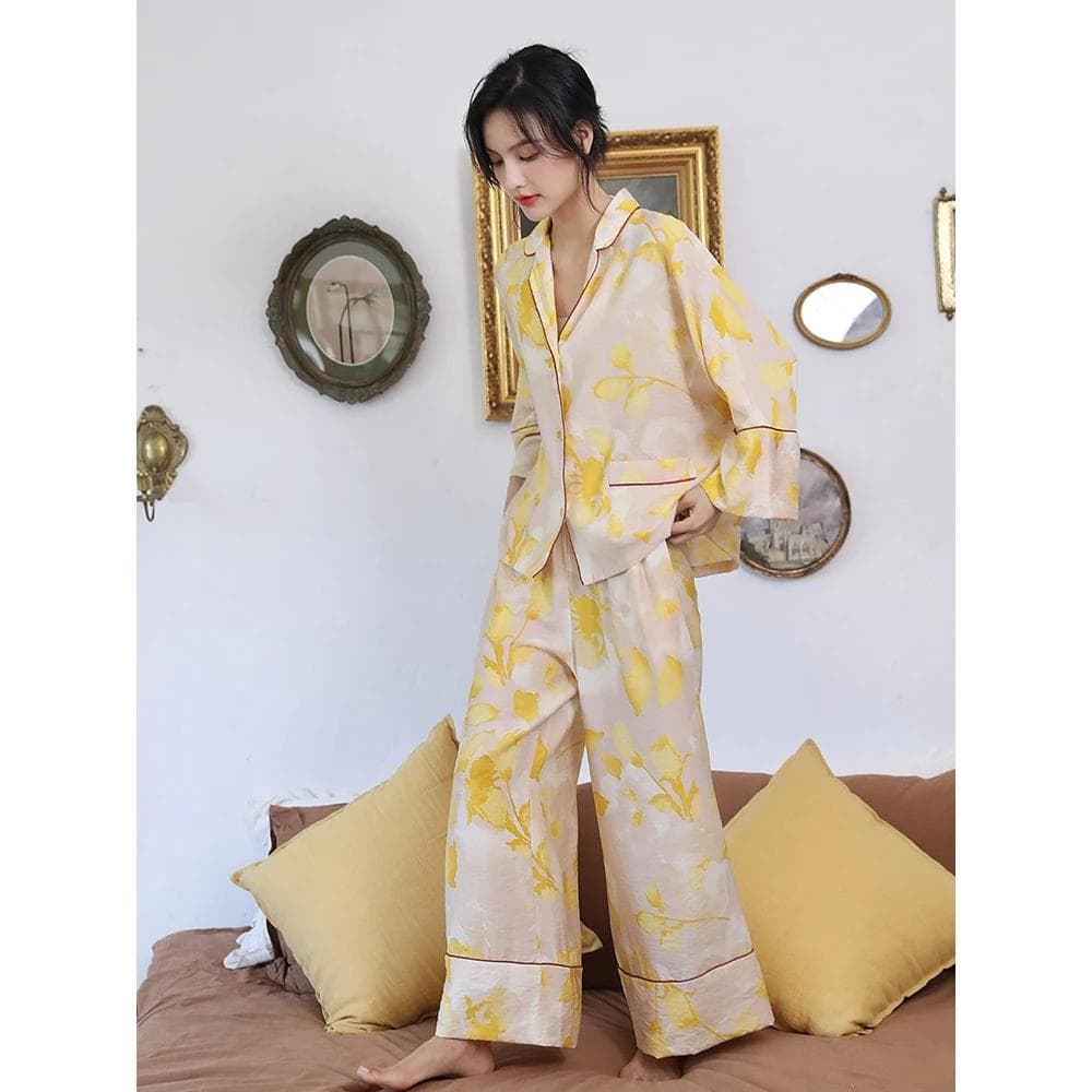 Women's Pajamas Set Leaf Print Pajamas Silk Casual Home Wear Pajamas Women's Home Set XL yellow