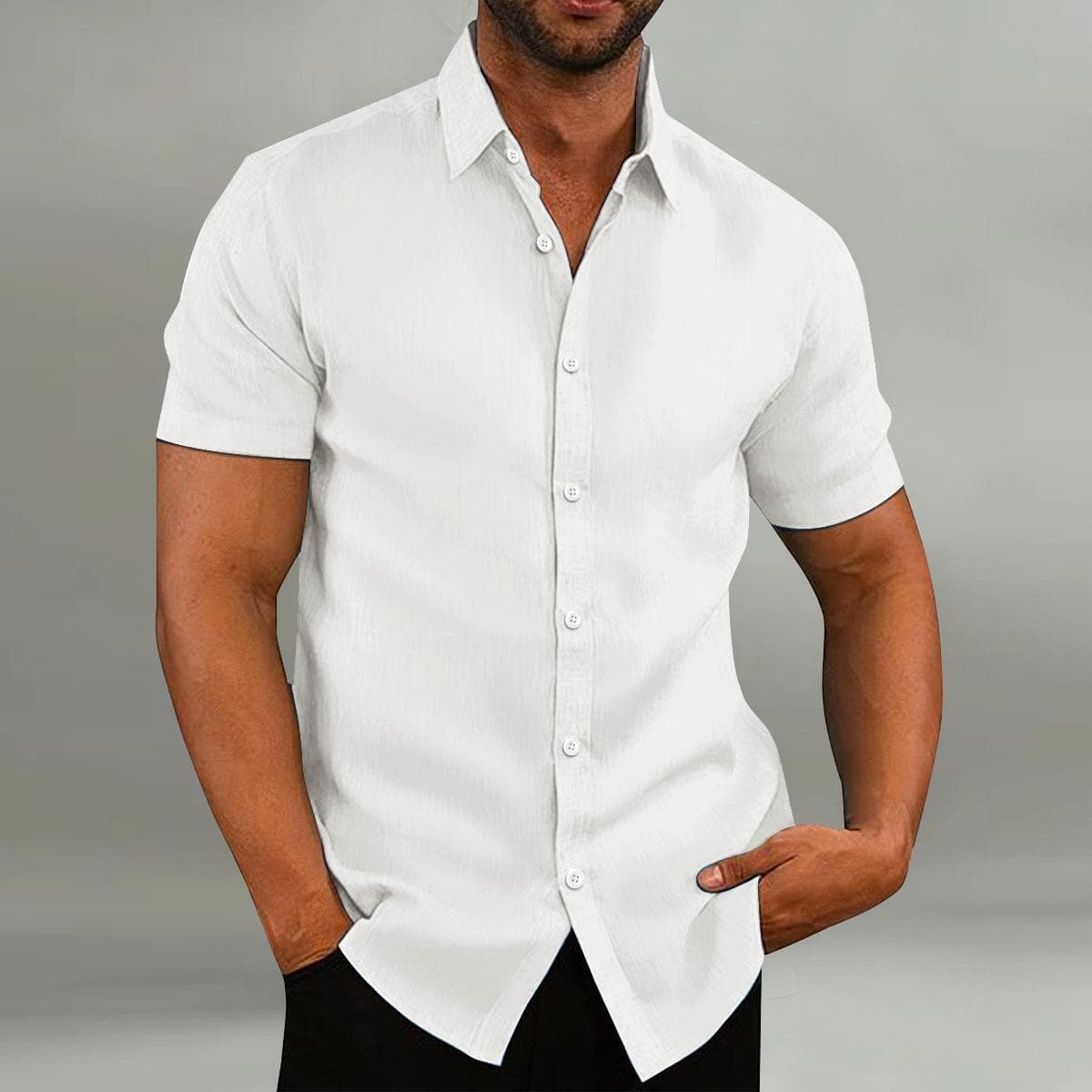 Men's Retro Solid Color Cotton Linen Shirts Casual Summer Loose Short Sleeve Lapel Shirt S white