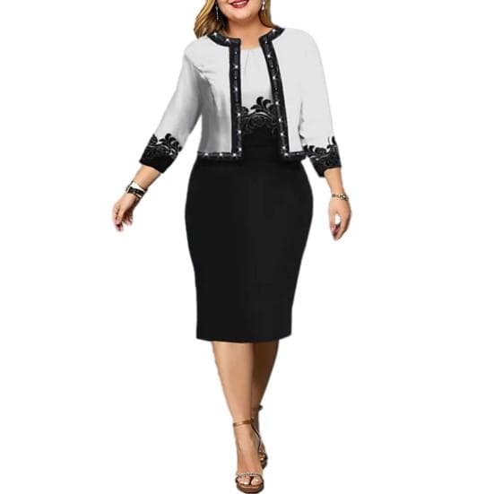 2 Pcs/Set Beautiful Banquet Coat Dress Set Flower Print Commute Round Neck Dress Business Situation Party Coat Dress Set Female Clothes 5XL black