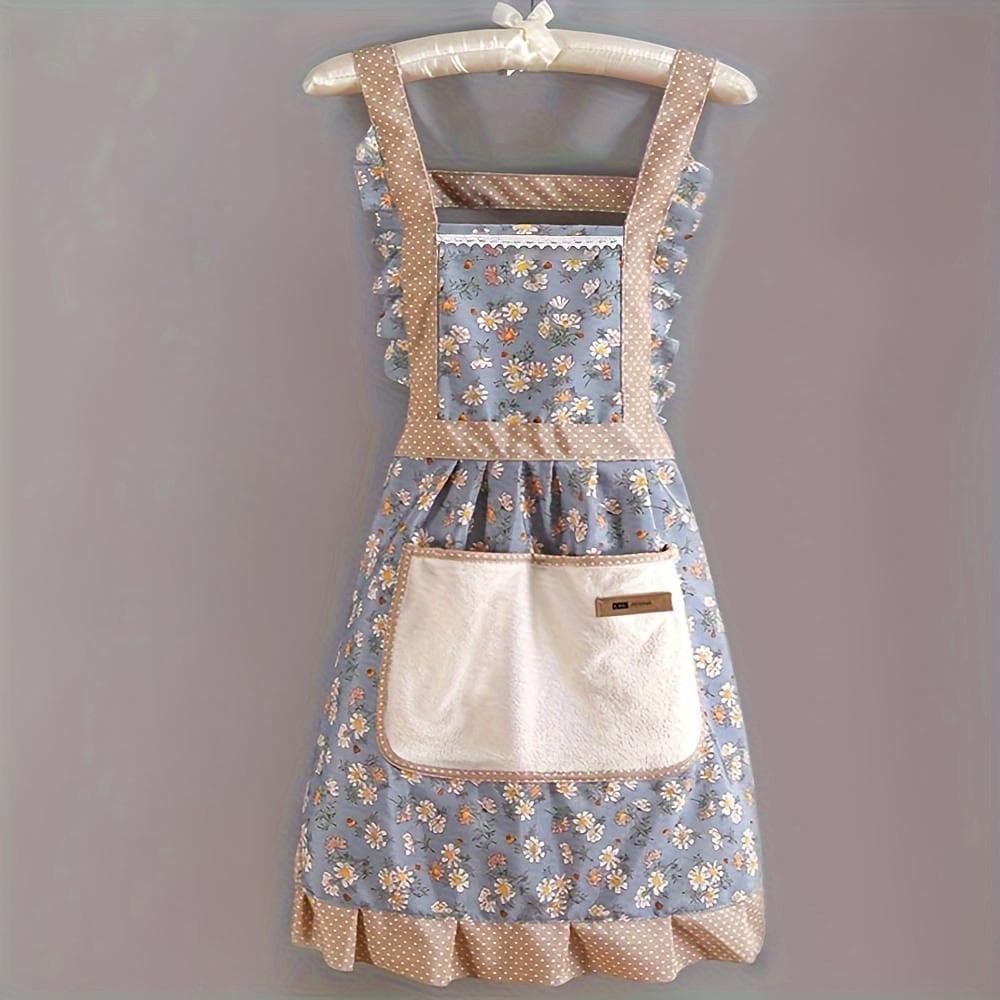 Floral Printed Canvas Apron with Hood for Waiter and Chef blue