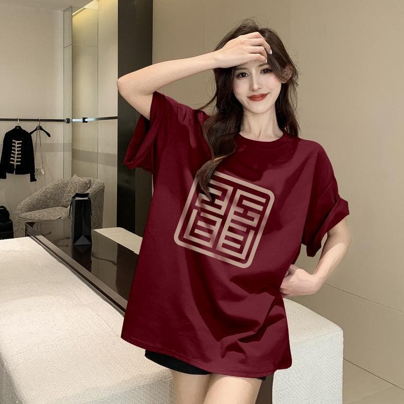 Pure Cotton Retro National Trend Short-sleeved Top Burgundy White Spring and Summer New Round Neck Half-sleeved T-shirt for Women XXXL
