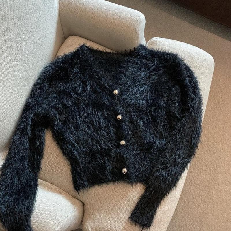Vintage Cropped Mohair Knitted Cardigan Women V Neck Sweater Coat Streetwear Korean Black White Knitwear Solid Slim Jumpers S black