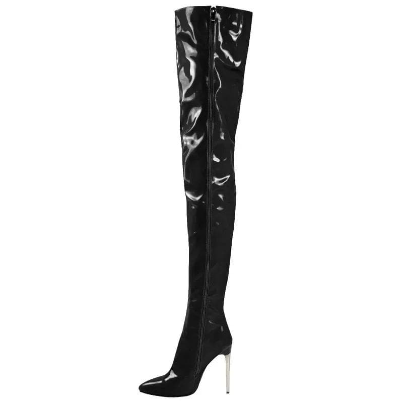Fashion Women Patent Leather Boots Sexy Thigh High Boots Metal Stiletto Heels Fitted Party Boots Knee High Boot Big Size 45 46 47 48 45 black