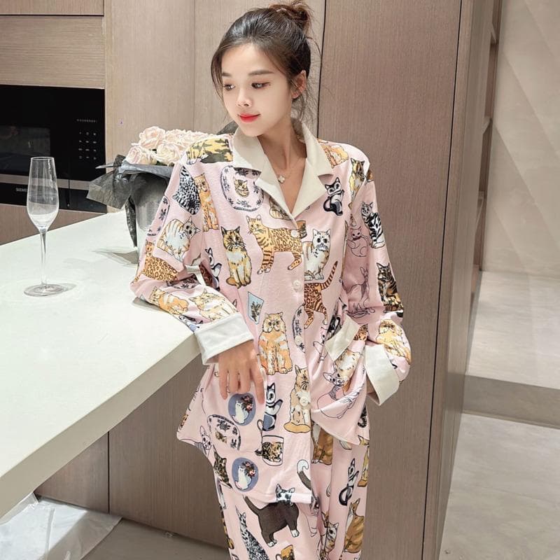 Pajamas Two-piece Set Women's Pajamas Printed Cartoon Cat Long-sleeved Trousers Home Pajamas XL