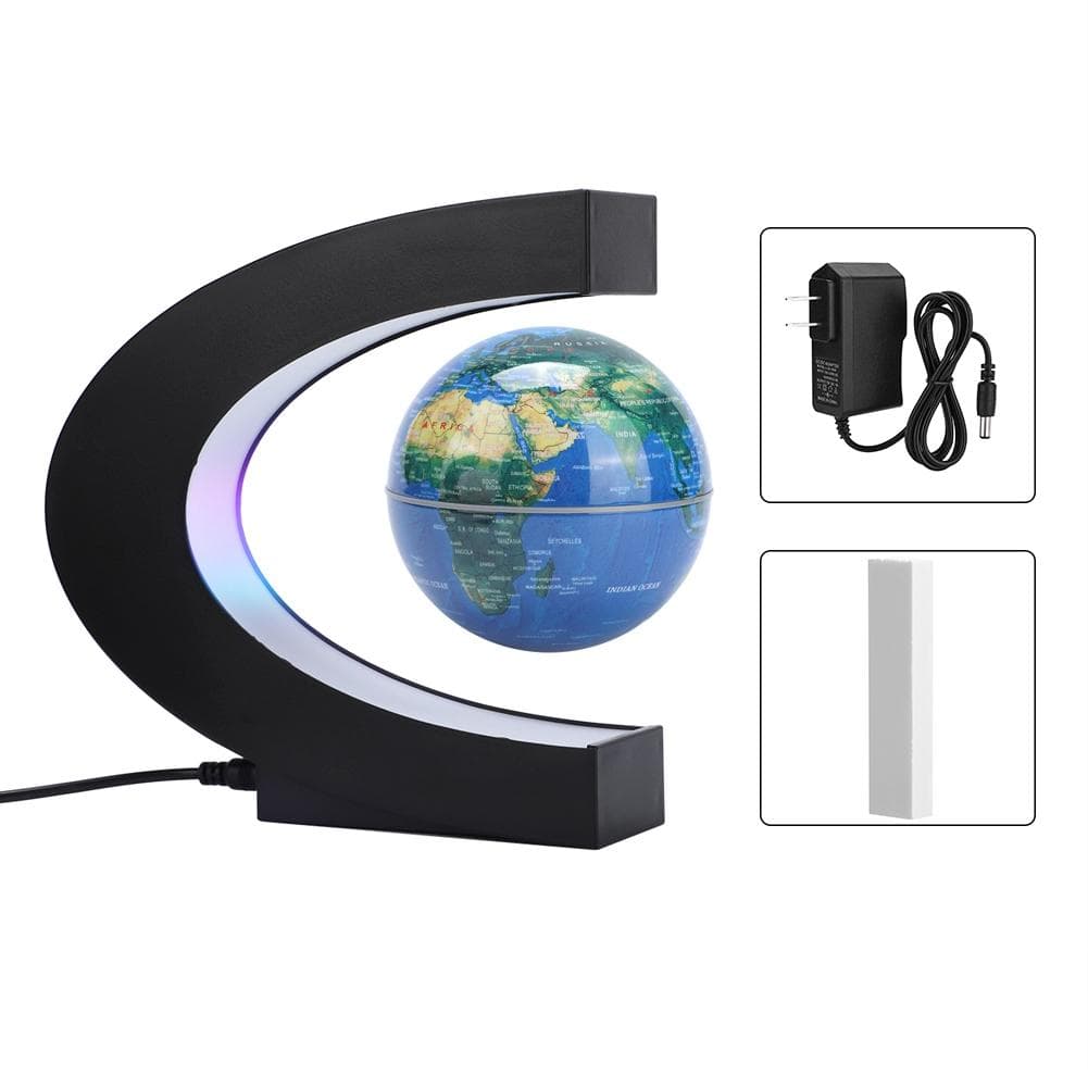 3in C Shape Magnetic Levitation Floating Globe World Map Ornament with LED Light for Home Office blue