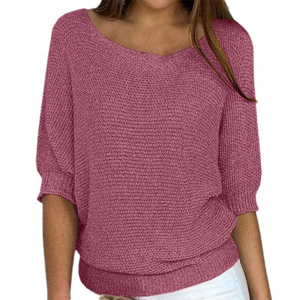 Women Tops Round Neck 3/4 Sleeve Solid Color Tee Shirt Loose Fit Knitting Blouse Stretchy Breathable Tops Streetwear L