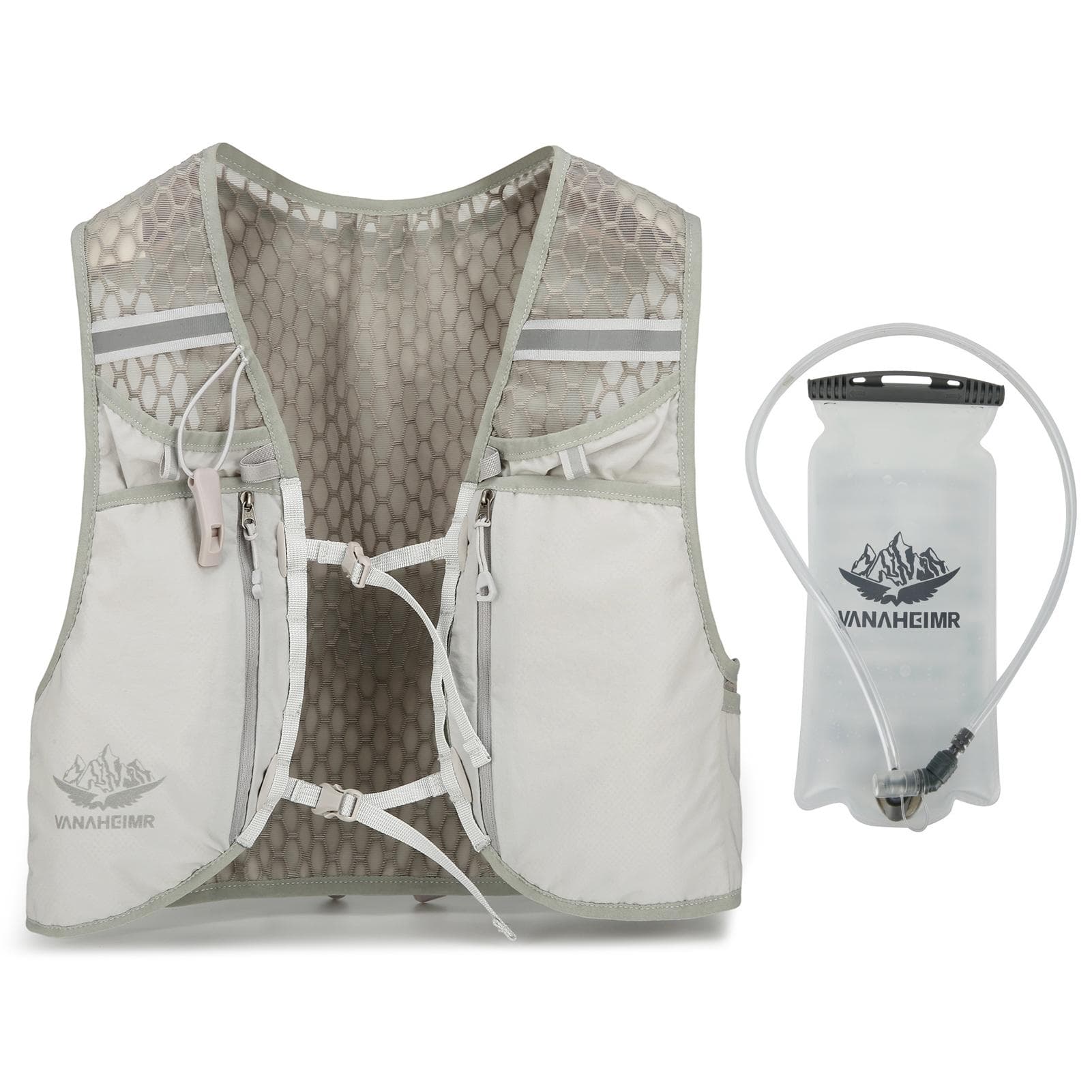 VANAHEIMR Running Vest with Hydration Bag Adjustable Universal Hydration Vest for Women and Men 2L White Water Bag gray