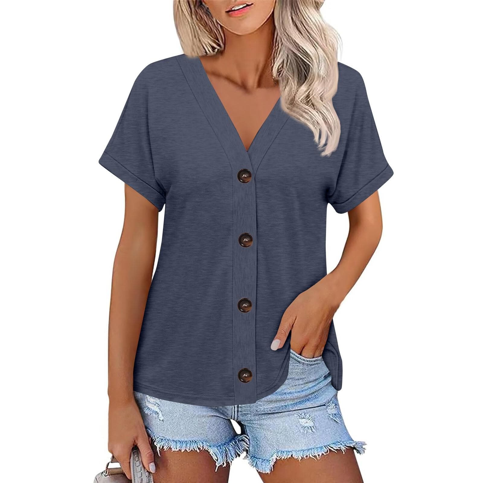 Women's Fashion Short-sleeved V-neck Solid Color Top Casual Button T-shirt XXXL Dark blue