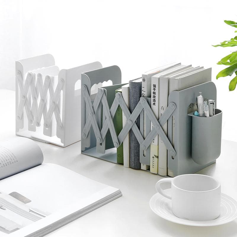 Retractable Bookends For Shelves Book Support Stand Set Adjustable Bookshelf With Pen Holder Desk Organizer Office Accessories gray