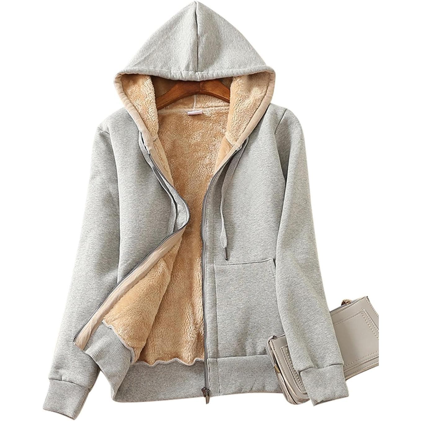 Women's Casual Full Zip Up Sherpa Lined Hoodie Sweatshirt Jacket Plus Size Plush Coat 8XL light grey