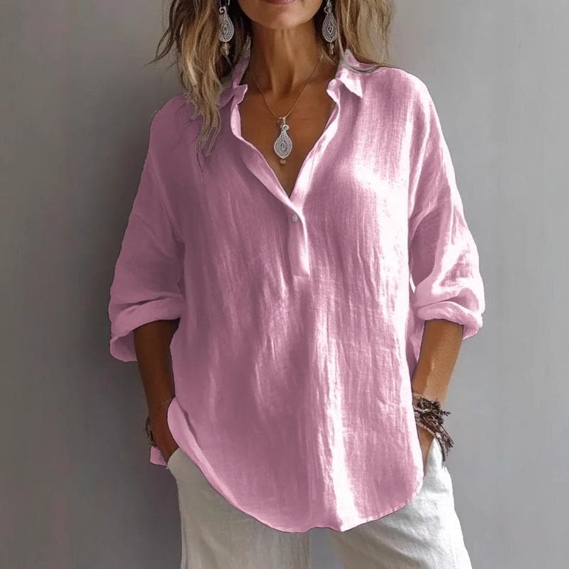 Spring Summer Solid Color Casual Loose Long Sleeved Linen V-neck Shirt for Women Blouses Shirt XL pink