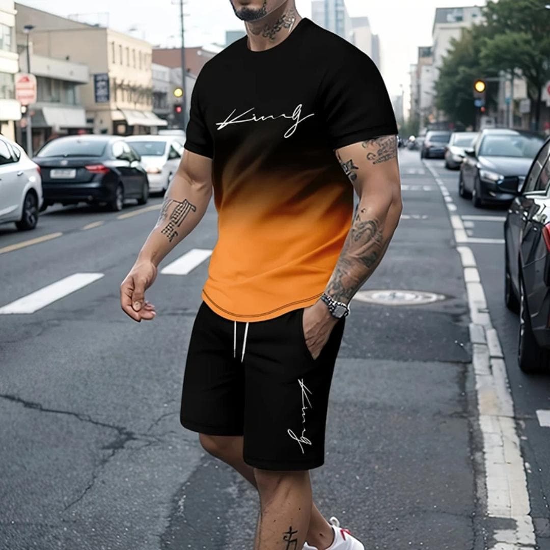 Summer Men's Casual Suit Street Fashion Loose and Comfortable T-Shirt Outdoor Sports Running Shorts Novel Text Printing 2XL