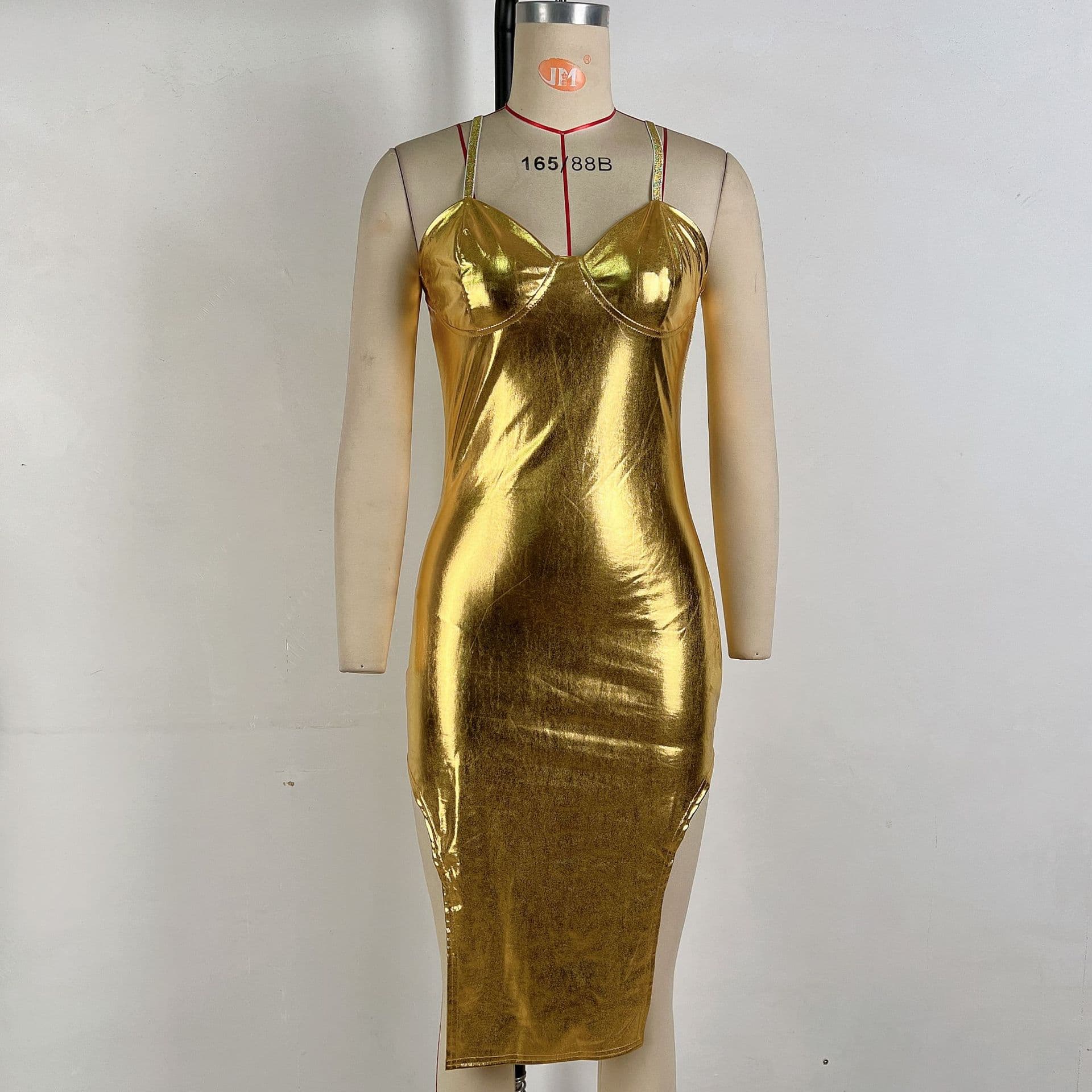 Women's Autumn Hot Gold-hot Strap Sexy Waist Packing Irregular Suspender Dress for Women L gold