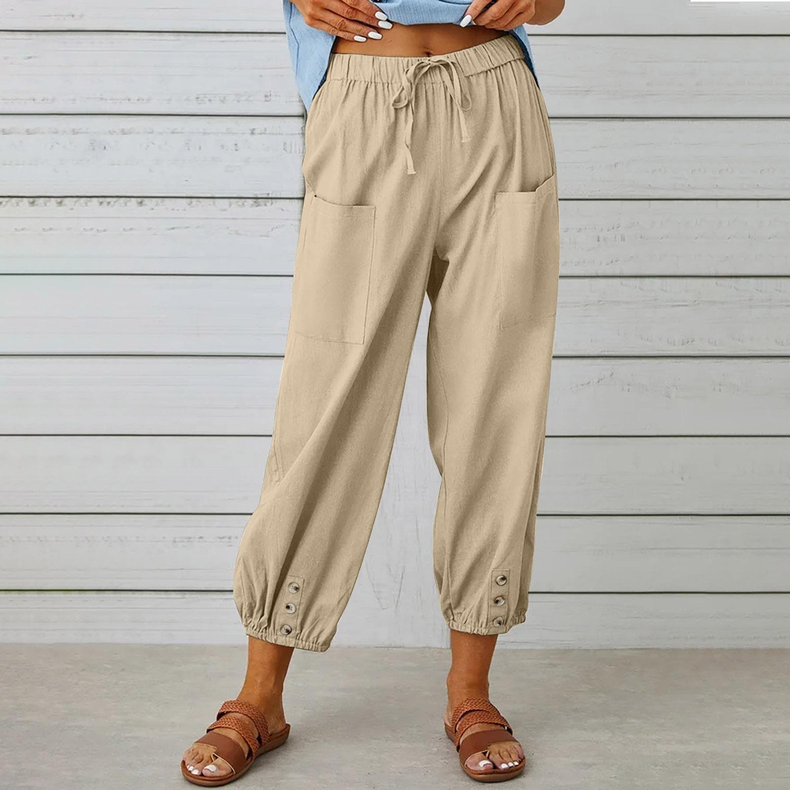 Summer Women's Pants Loose High Waist Button Cotton Linen Pants Nine-point Pants Wide Leg Pants XL khaki