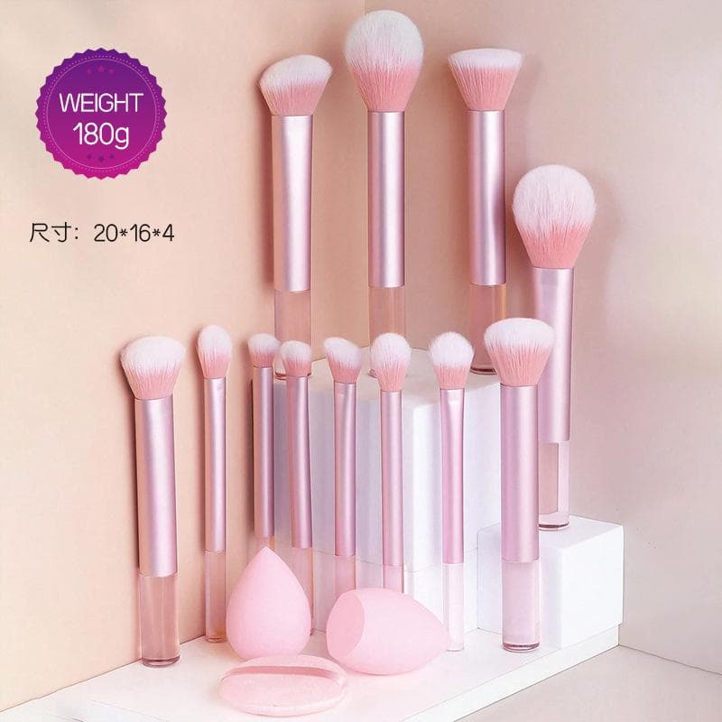 15pcs Makeup Brush Set, Including Powder Brush, Blush Brush, Highlighter Brush, Eyeshadow Brush, Lash Brush, Eyeliner Brush, Angled Makeup Sponge pink