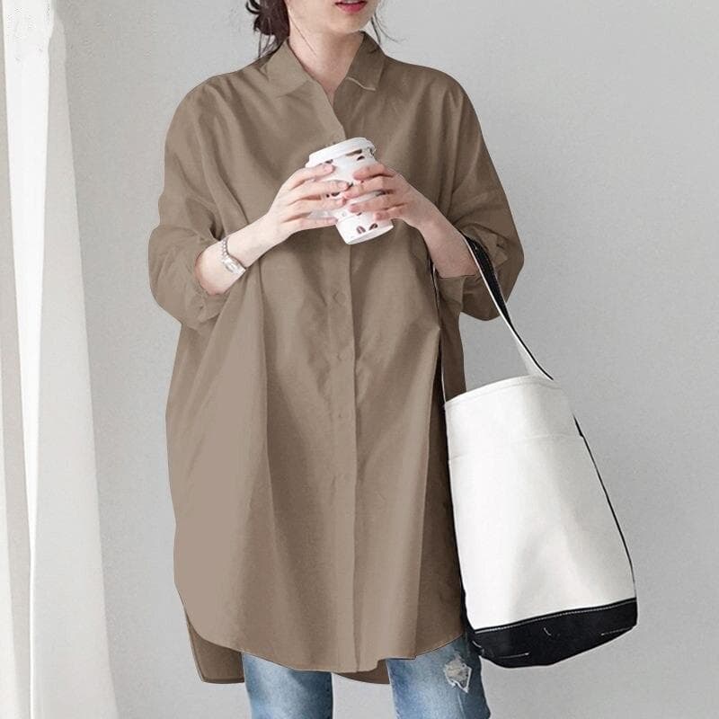 2023 Autumn Spring Long Sleeve Shirt Casual Loose Oversized Long Shirt Women Tops Fashion Irregular Solid White Clothes 24161 M khaki