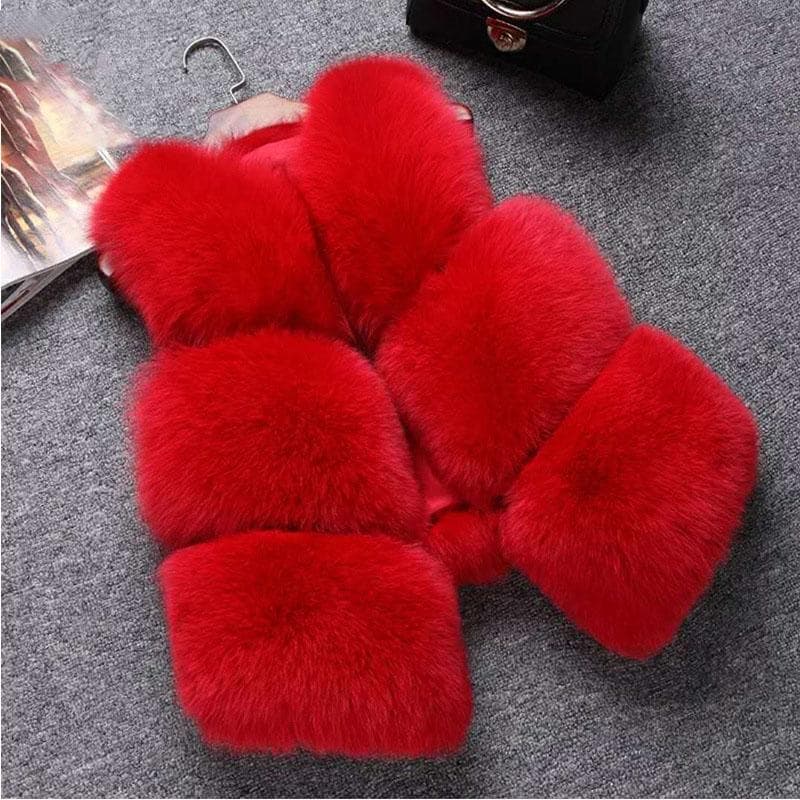 Autumn Winter Thick Warm Faux Fox Fur Vest Women High Quality Fashion V-Neck Short Fur Coat Female Fur Waistcoat XS red