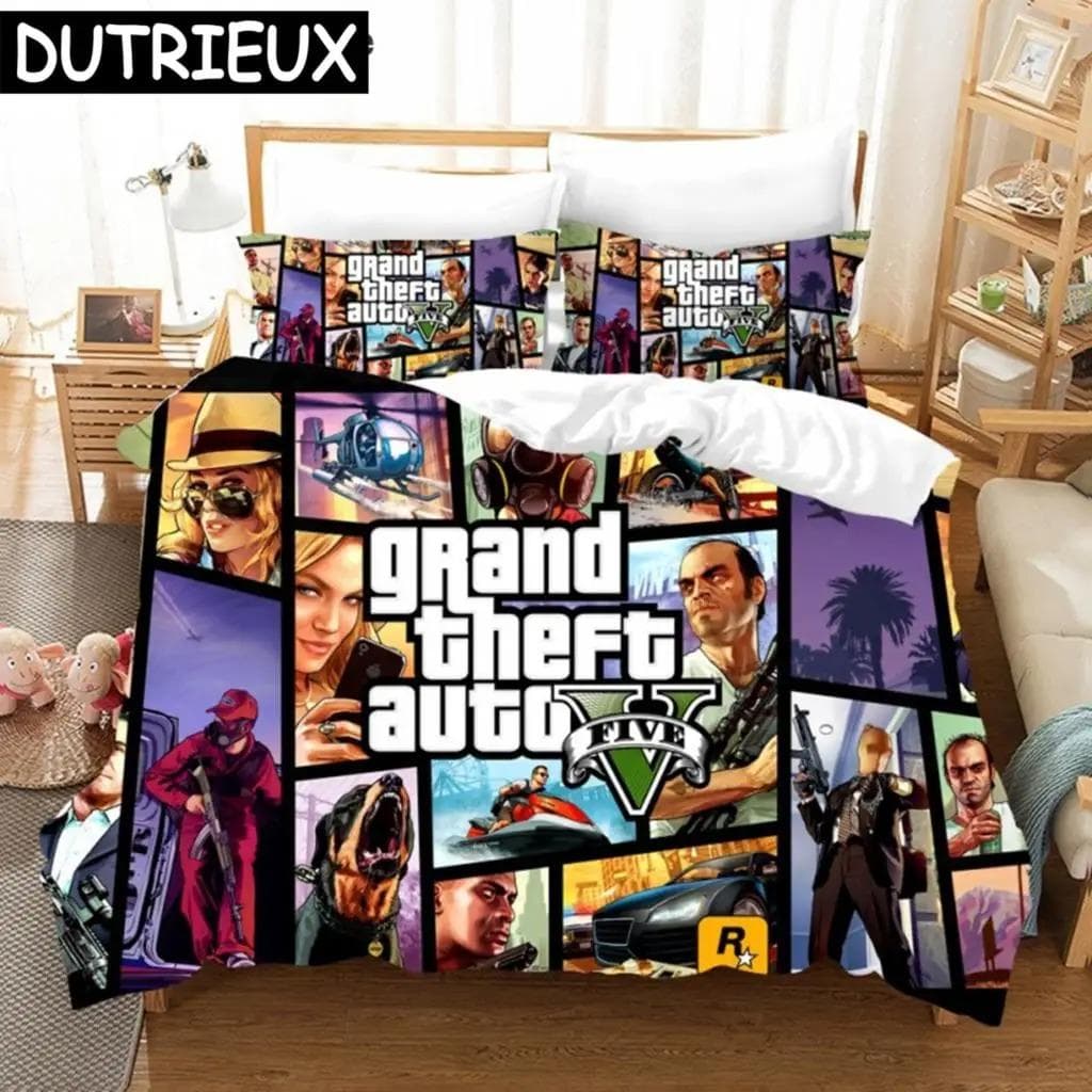 Game GTA Printed Bedding Set Grand Theft Auto 5 Cartoon Duvet Cover Pillowcase Twin Queen King Size Anime Duvet Cover Bedclothes EU Single 135x200cm