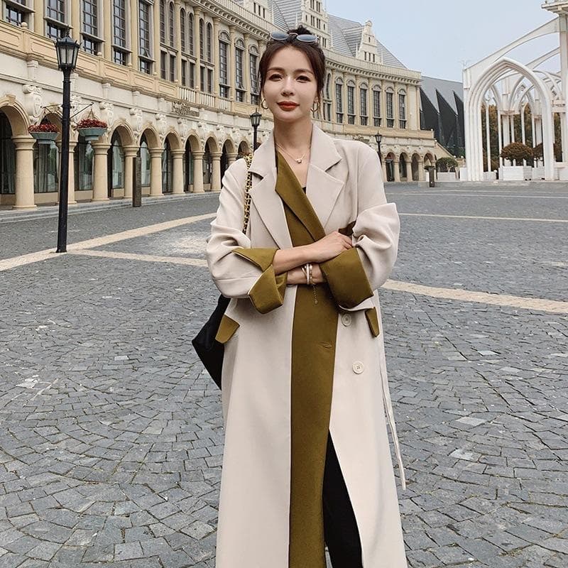 Women's Spring and Autumn New Long Suit Collar Splicing Contrasting Color Trench Coat Women's Coat XL