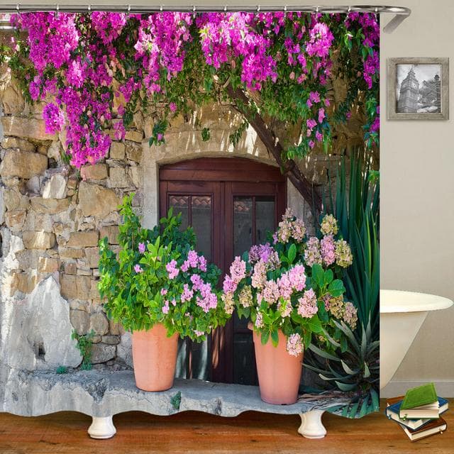 Home Wall Decor Shower Curtain 3D European Building Garden Flowers Patio Landscape Waterproof Polyester Bedroom Bathroom Curtain 180*200CM