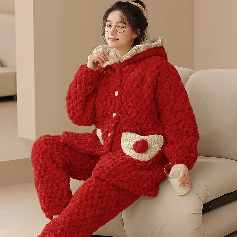 Winter Coral Velvet Pajamas for Women Flannel Cardigan Lapel Pajamas Set Young Girls Thickened Pajamas M