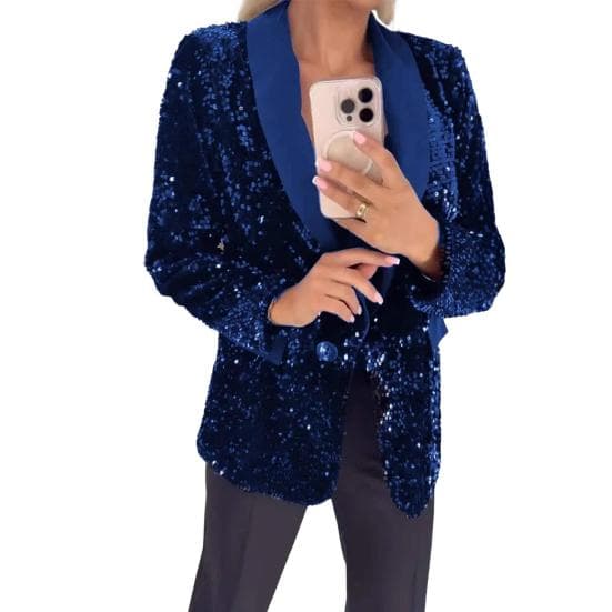 Women Suit Coat Lapel Long Sleeve Button Suit Jacket Glitter Sequins Autumn Winter Business Outerwear Street Party Wear M blue