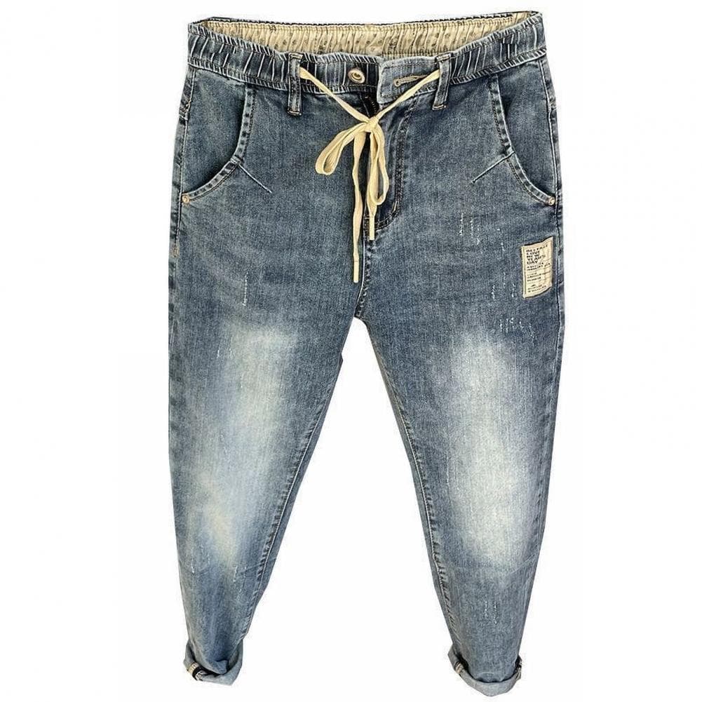 Men Harem Jeans Elastic Waist Adjustable Drawstring Button Zipper Fly Denim Pants with Pockets Hip Hop Style Casual Trousers XXL blue