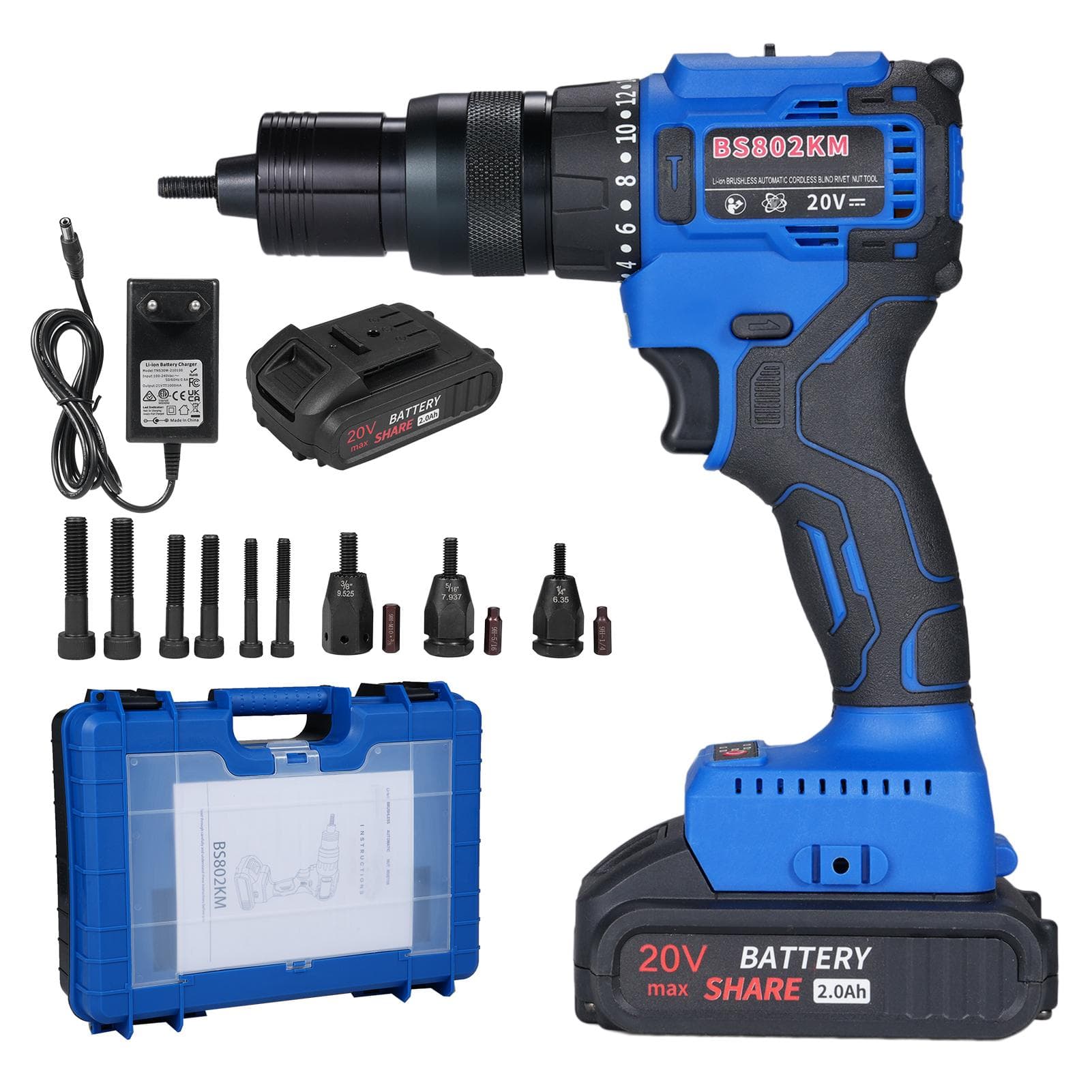 20V Cordless Rivet Machine with 2.0Ah Battery, 2-in-1 Electric Rivet Nut Kit with Memory Mode and blue