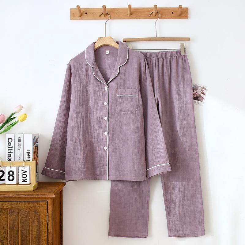 New Spring and Autumn Couple Pajamas Set 100%Cotton Crepe Long Sleeve Pants Two Piece Men's and Women's Large Size Home Garments XL