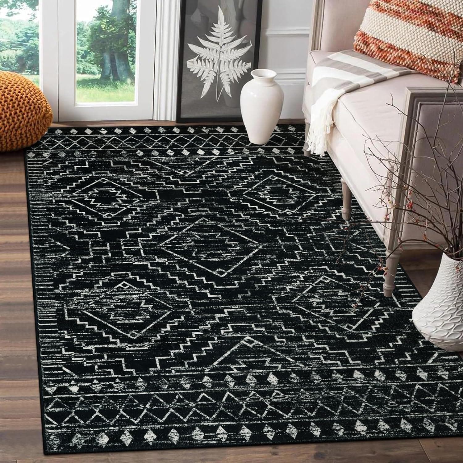 Moroccan Style Carpet for Living Room Retro Washable Farmhouse Bedroom Black Boho Non-Slip Floor Mat Soft Rug for Kitchen Entry 80x120cm