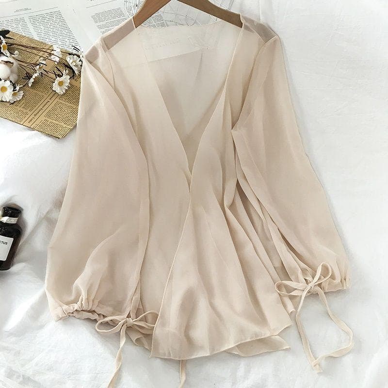 Chiffon Shirts Women Solid Casual Sun Protection Cardigan Summer Loose All Match Thin Sunscreen Blouses Coat XXL beige