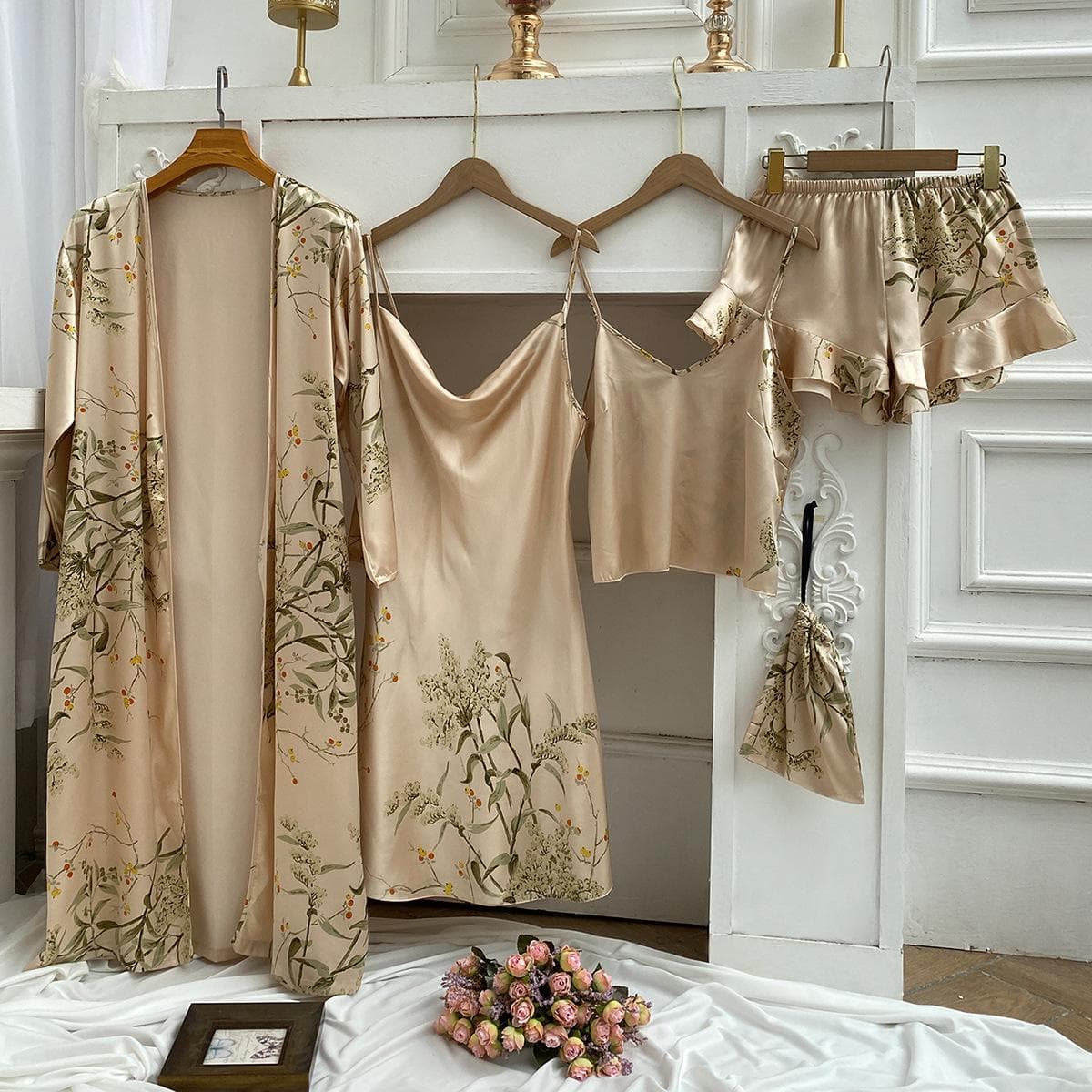 Women's Long Bathrobe Set Silk Spring Autumn Floral Print Ladies Dressing Gown 4 Pieces Set Nightdress Summer Satin Pajama S champagne