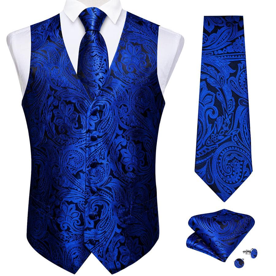 Dibangu Mens Yellow Paisley Vest Suit Waistcoat Hanky Cufflinks Tie Set Wedding S